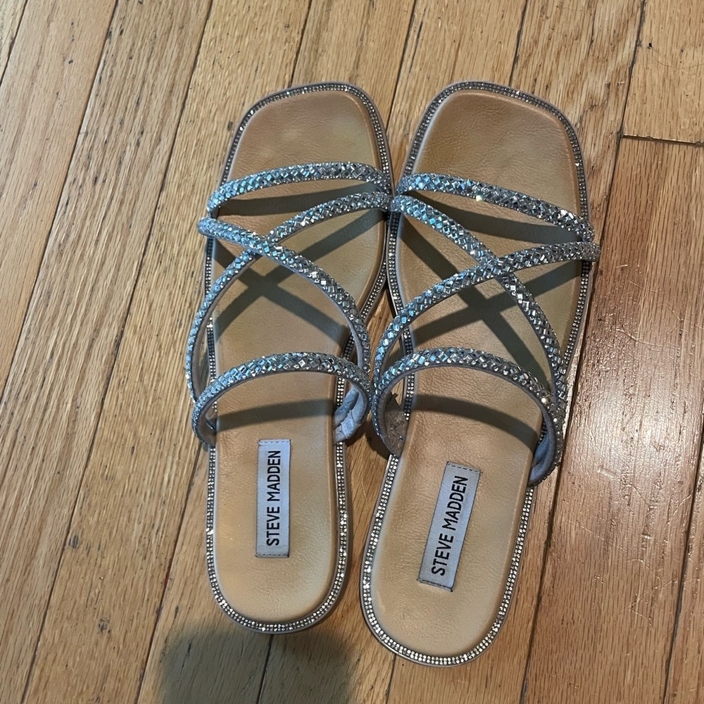 Steve Madden Silver Rhinestone Crisscross Slide Sandals